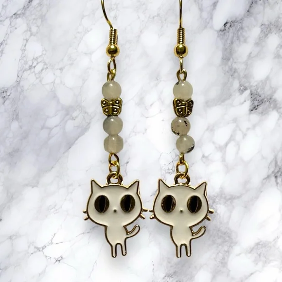 Hand Crafted Earring Cats Tourmaline Quartz Kitty White Butterfly - Picture 5 of 8